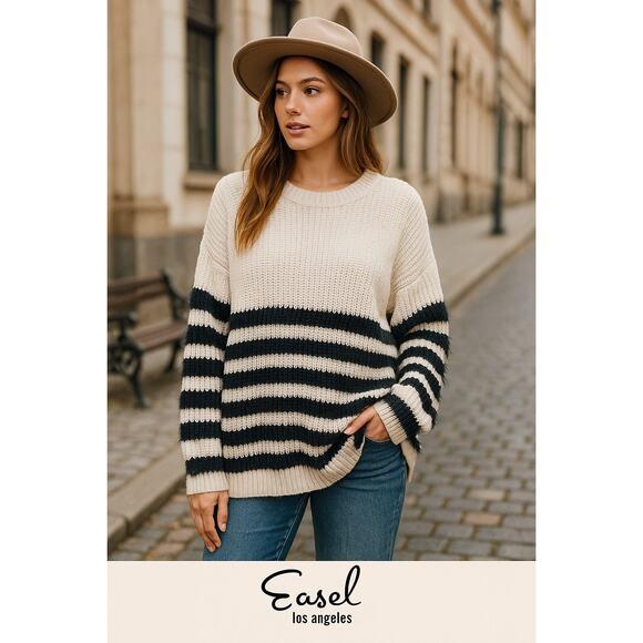 Easel Oversized Sweater Ivory Black Stripe Eyelash Knit Pullover Cozy L/XL - Picture 1 of 13